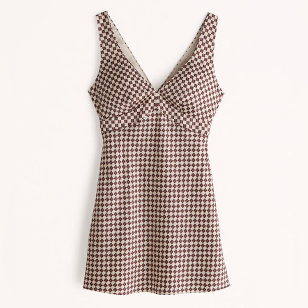 Abercrombie & Fitch Bias Satin Slip Mini Dress in Brown checkered print